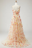 Vestido de Baile Longo de Finalistas Flor 3D Flor 3D Champanhe Sem Alças A com Mangas Removíveis