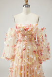 Vestido de Baile Longo de Finalistas Flor 3D Flor 3D Champanhe Sem Alças A com Mangas Removíveis