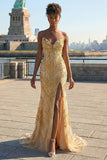 Zapaka Mulheres Vestido de Baile Longo Sem Alças Dourado Brilhante Bordado de Miçangas