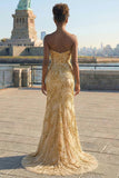 Vestido de Baile Longo Sem Alças Dourado Brilhante Bordado de Miçangas