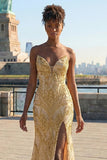 Vestido de Baile Longo Sem Alças Dourado Brilhante Bordado de Miçangas