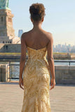 Vestido de Baile Longo Sem Alças Dourado Brilhante Bordado de Miçangas