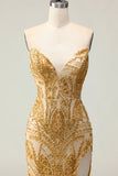 Vestido de Baile Longo Sem Alças Dourado Brilhante Bordado de Miçangas