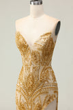 Vestido de Baile Longo Sem Alças Dourado Brilhante Bordado de Miçangas