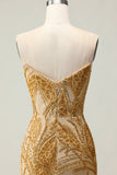 Vestido de Baile Longo Sem Alças Dourado Brilhante Bordado de Miçangas