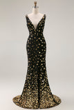 Preto Sereia Dourada Sereia V Pescoço Aberto Costas Longo Vestido de Baile com Fenda