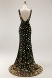 Preto Sereia Dourada Sereia V Pescoço Aberto Costas Longo Vestido de Baile com Fenda
