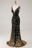 Preto Sereia Dourada Sereia V Pescoço Aberto Costas Longo Vestido de Baile com Fenda