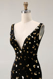 Preto Sereia Dourada Sereia V Pescoço Aberto Costas Longo Vestido de Baile com Fenda