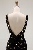 Preto Sereia Dourada Sereia V Pescoço Aberto Costas Longo Vestido de Baile com Fenda