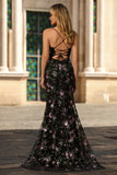 Vestido de baile longo bordado com lantejoulas florais pretas e roxo