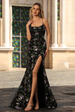 Vestido de baile longo bordado com lantejoulas florais pretas e roxo