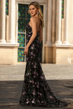 Vestido de baile longo bordado com lantejoulas florais pretas e roxo