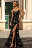 Vestido de baile longo bordado com lantejoulas florais pretas e roxo