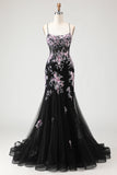 Flor preta cor-de-rosa brilhante Espartilho com lantejoulas, vestido comprido de baile com renda nas costas