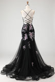 Flor preta cor-de-rosa brilhante Espartilho com lantejoulas, vestido comprido de baile com renda nas costas