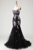 Flor preta cor-de-rosa brilhante Espartilho com lantejoulas, vestido comprido de baile com renda nas costas