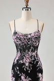 Flor preta cor-de-rosa brilhante Espartilho com lantejoulas, vestido comprido de baile com renda nas costas