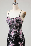 Flor preta cor-de-rosa brilhante Espartilho com lantejoulas, vestido comprido de baile com renda nas costas