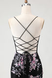 Flor preta cor-de-rosa brilhante Espartilho com lantejoulas, vestido comprido de baile com renda nas costas