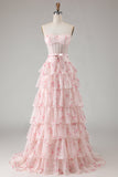 Vestido de baile de finalista longo com padrão de espartilho floral rosa sem alças, em camadas, com estampado de missangas e folhos