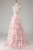 Vestido de baile de finalista longo com padrão de espartilho floral rosa sem alças, em camadas, com estampado de missangas e folhos