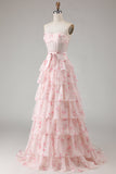 Vestido de baile de finalista longo com padrão de espartilho floral rosa sem alças, em camadas, com estampado de missangas e folhos