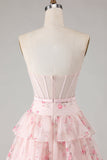 Vestido de baile de finalista longo com padrão de espartilho floral rosa sem alças, em camadas, com estampado de missangas e folhos