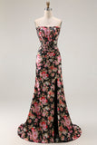 Preto Rosa Sereia Floral Corset Espartilho Longo Vestido de Baile com Fenda