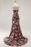 Preto Rosa Sereia Floral Corset Espartilho Longo Vestido de Baile com Fenda