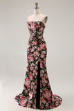 Preto Rosa Sereia Floral Corset Espartilho Longo Vestido de Baile com Fenda