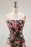 Preto Rosa Sereia Floral Corset Espartilho Longo Vestido de Baile com Fenda