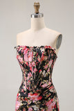 Preto Rosa Sereia Floral Corset Espartilho Longo Vestido de Baile com Fenda