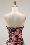 Preto Rosa Sereia Floral Corset Espartilho Longo Vestido de Baile com Fenda