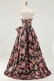 Flor rosa preta Uma linha sem alças estampado vestido longo baile de formatura com arco