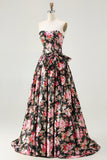 Flor rosa preta Uma linha sem alças estampado vestido longo baile de formatura com arco