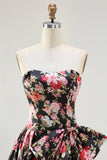 Flor rosa preta Uma linha sem alças estampado vestido longo baile de formatura com arco