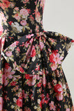 Flor rosa preta Uma linha sem alças estampado vestido longo baile de formatura com arco