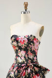 Flor rosa preta Uma linha sem alças estampado vestido longo baile de formatura com arco