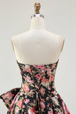 Flor rosa preta Uma linha sem alças estampado vestido longo baile de formatura com arco