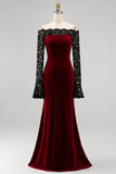 Burgundy Velvet Sereia Vestido Formal de Manga Longa com Renda