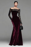 Burgundy Velvet Sereia Vestido Formal de Manga Longa com Renda