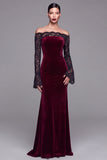 Burgundy Velvet Sereia Vestido Formal de Manga Longa com Renda