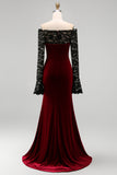 Burgundy Velvet Sereia Vestido Formal de Manga Longa com Renda