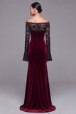 Burgundy Velvet Sereia Vestido Formal de Manga Longa com Renda