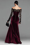 Burgundy Velvet Sereia Vestido Formal de Manga Longa com Renda