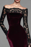 Burgundy Velvet Sereia Vestido Formal de Manga Longa com Renda