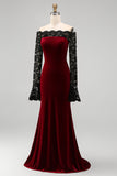 Burgundy Velvet Sereia Vestido Formal de Manga Longa com Renda