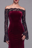 Burgundy Velvet Sereia Vestido Formal de Manga Longa com Renda