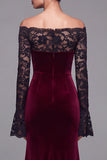 Burgundy Velvet Sereia Vestido Formal de Manga Longa com Renda
